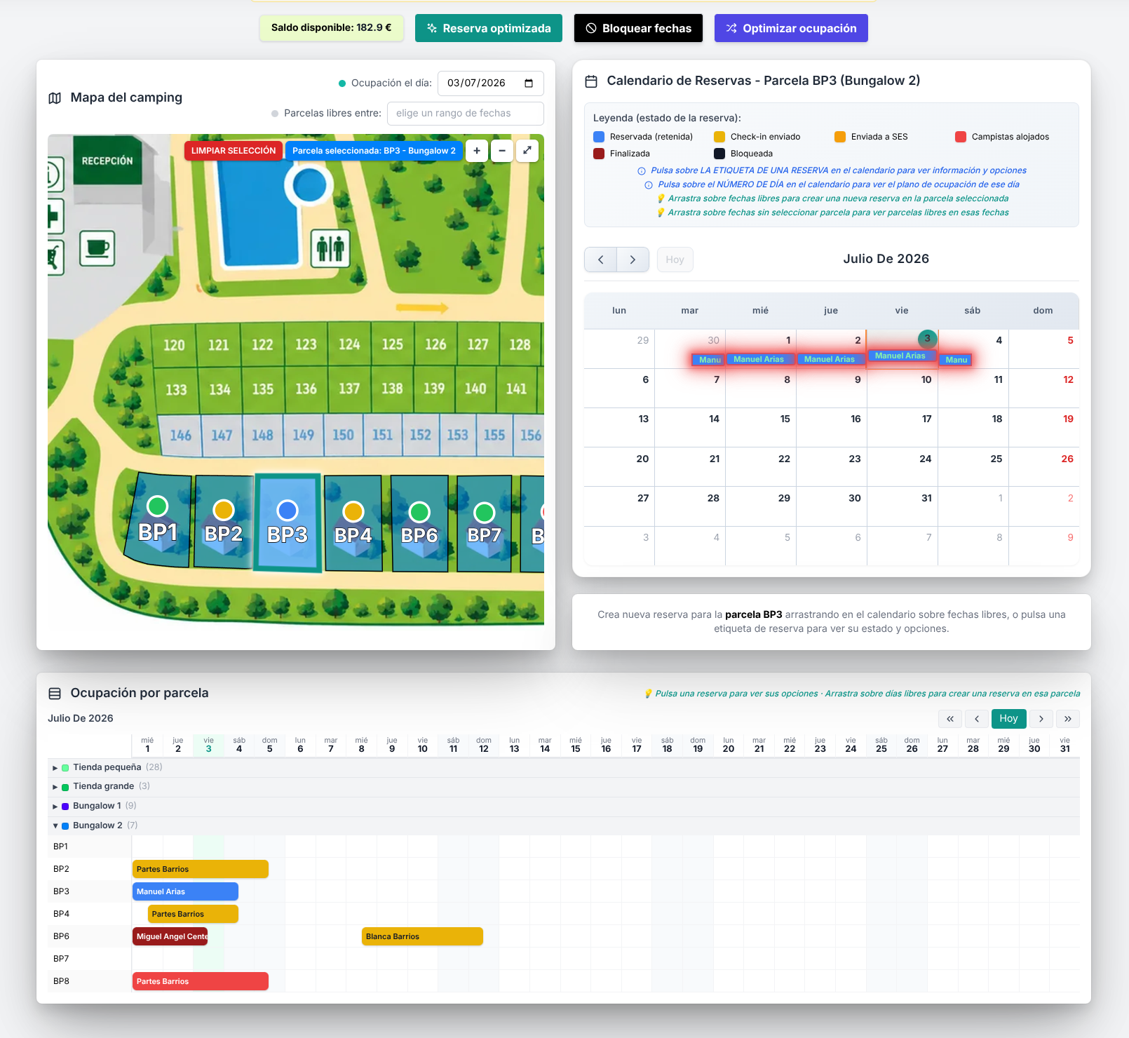 Panel de reservas del camping: mapa de parcelas, calendario y matriz de ocupación por parcela