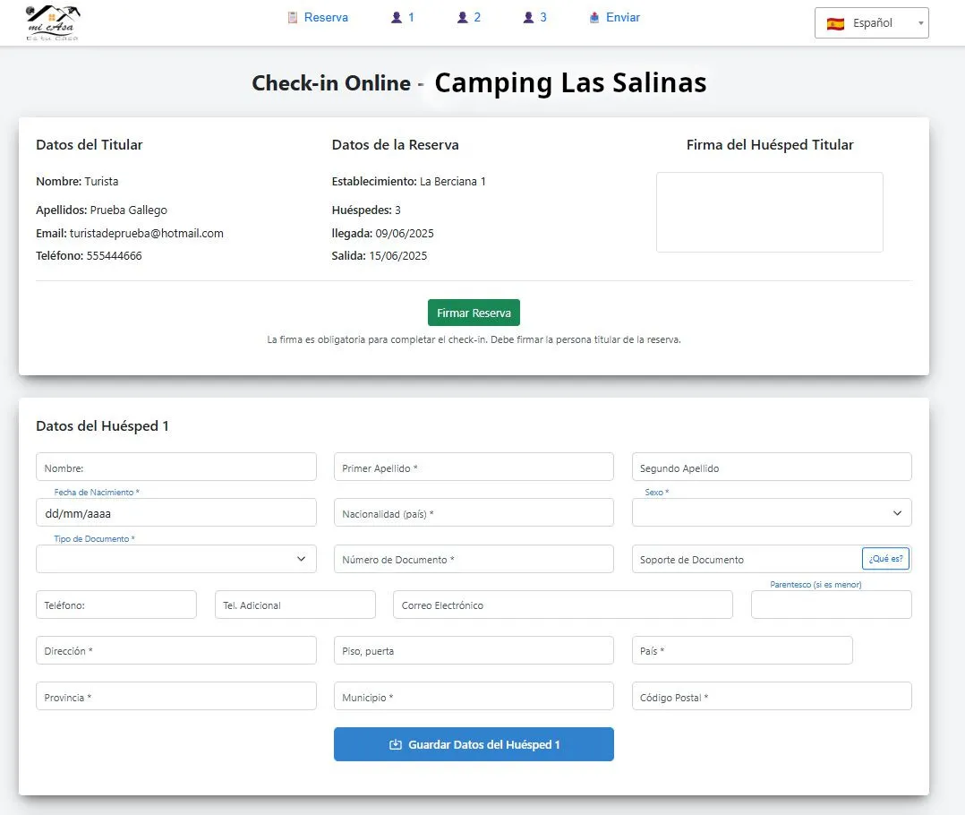 Check-in online anticipado para campings
