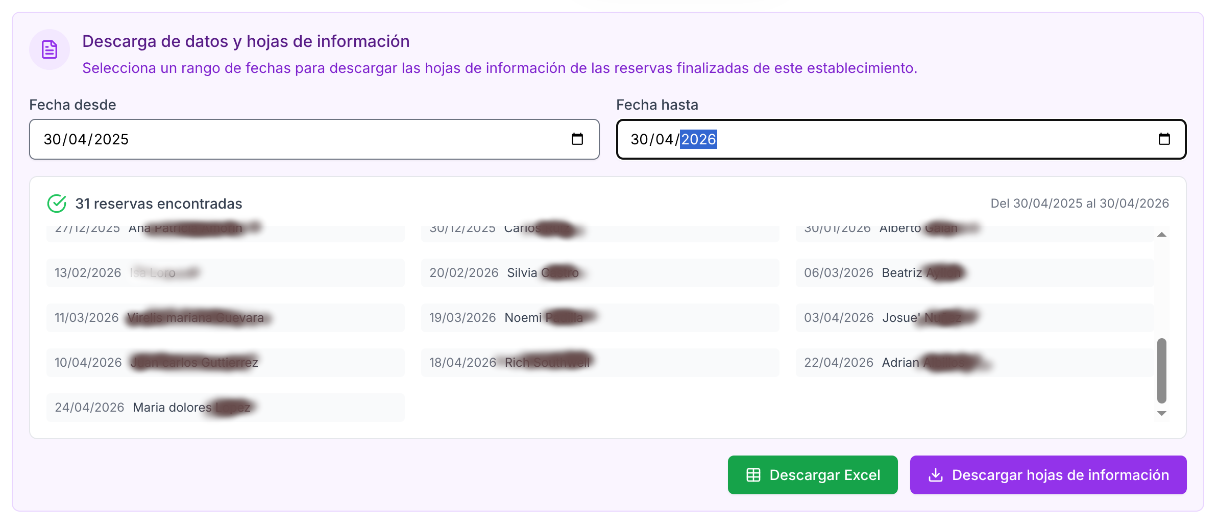 Listado histórico de partes de viajeros archivados en AutoSES con exportación